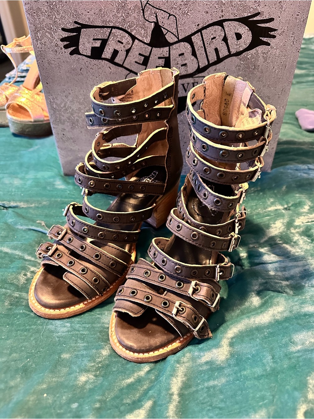 Freebird by Steven Cassandra Rustic Black Strappy Buckle Heeled Gladiator Boots - Picture 3 of 5